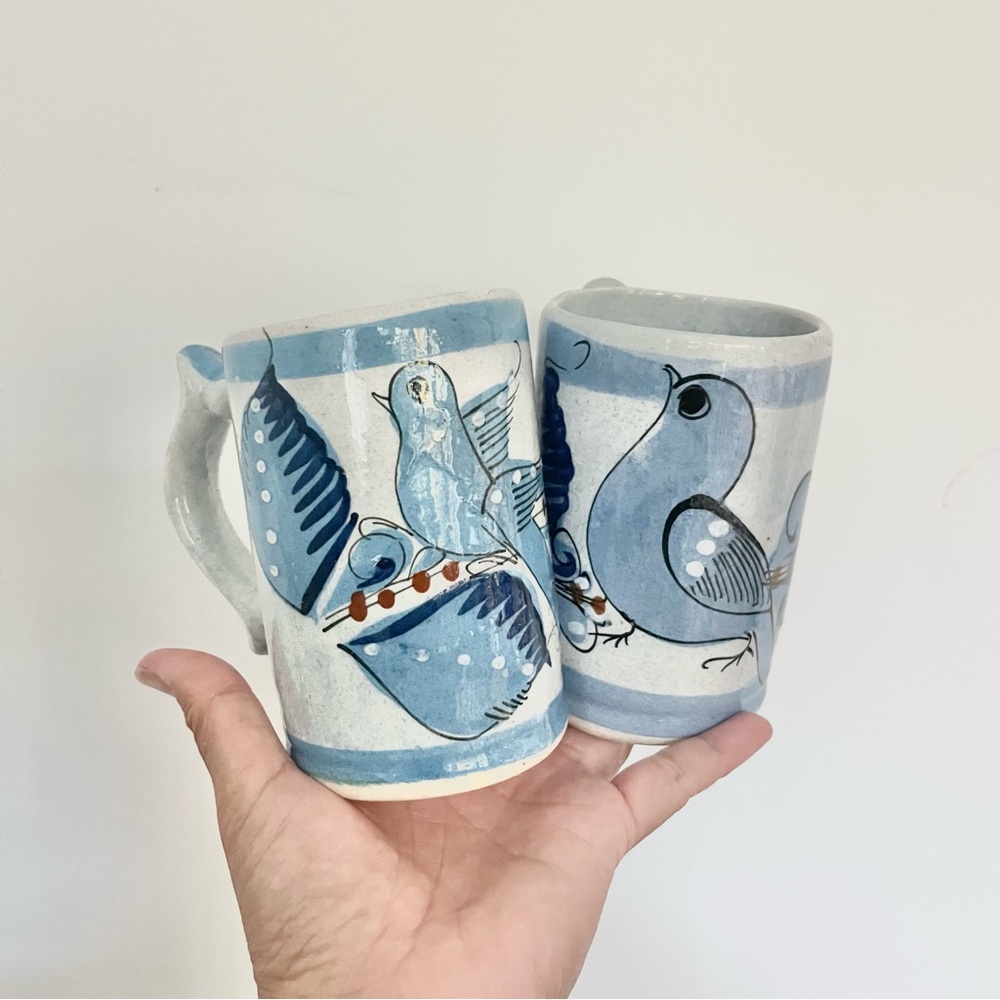 VTG Set Of 2 Tonala Pottery Mugs Cups Blue Bird Hand Painted Mexico READ 1 Chip